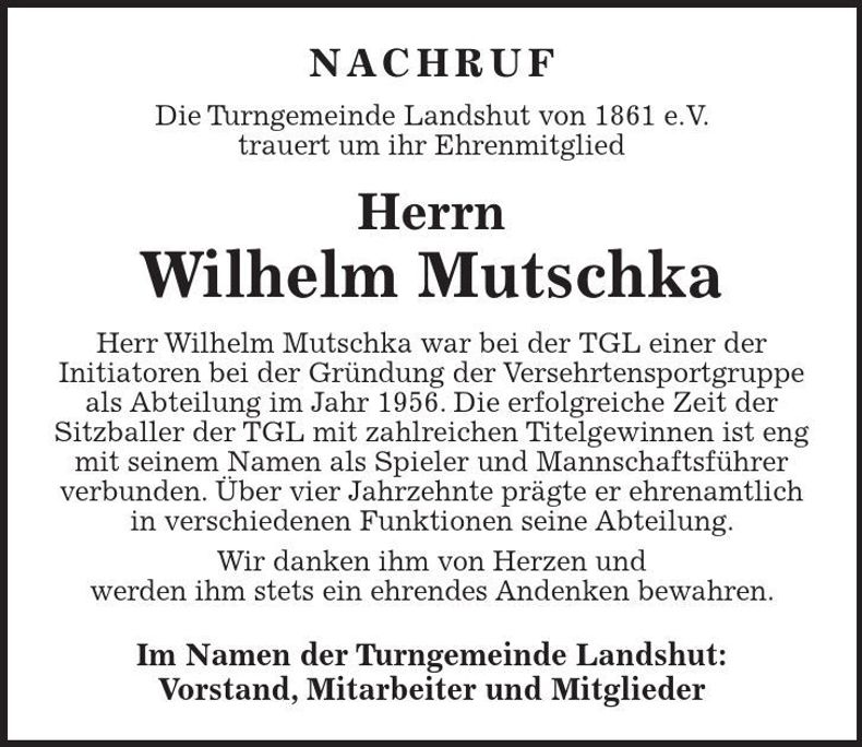 Traueranzeige Wilhelm Mutschka