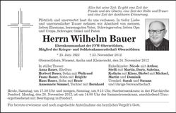 Traueranzeige Wilhelm Bauer
