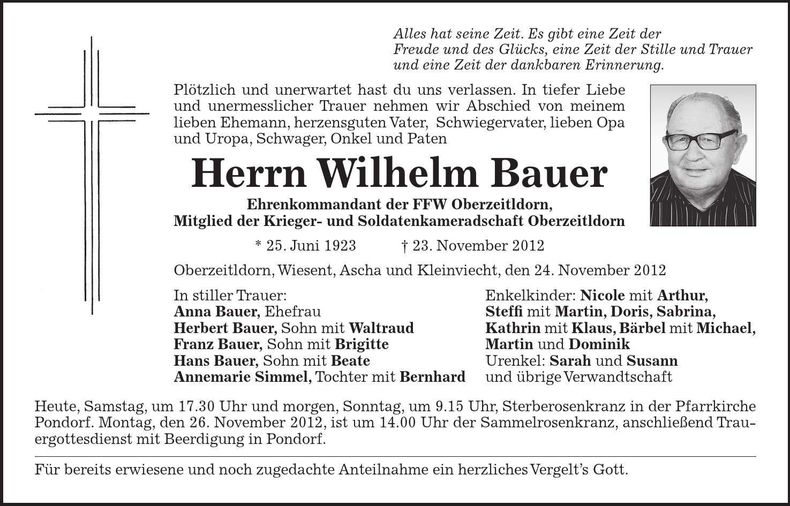Traueranzeige Wilhelm Bauer
