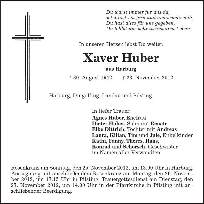 Traueranzeige Xaver Huber