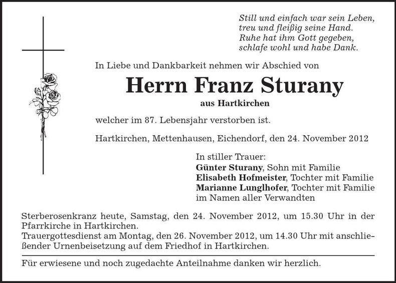 Traueranzeige Franz Sturany
