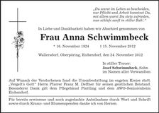 Traueranzeige Anna Schwimmbeck