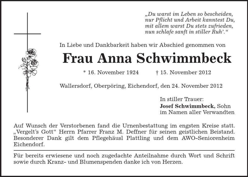 Traueranzeige Anna Schwimmbeck
