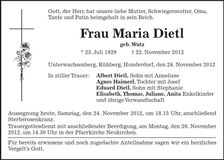 Traueranzeige Maria Dietl