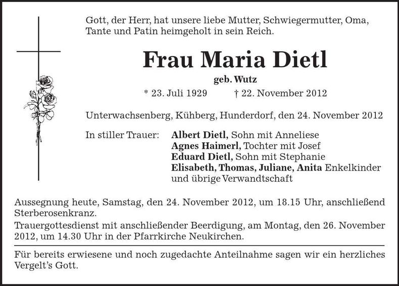 Traueranzeige Maria Dietl