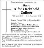Traueranzeige Alfons Reinhold Zollner