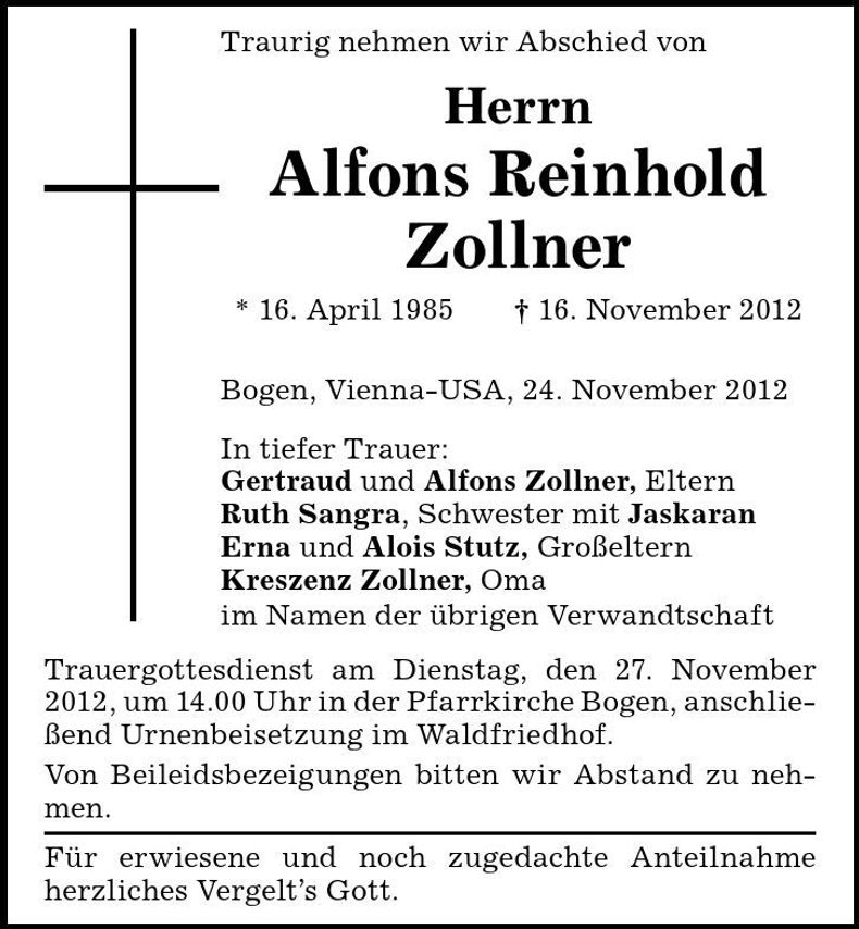 Traueranzeige Alfons Reinhold Zollner