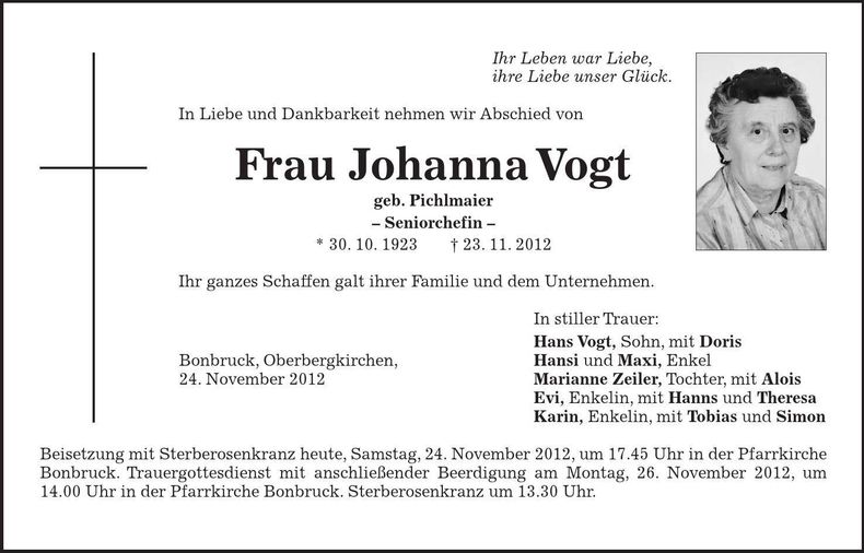 Traueranzeige Johanna Vogt