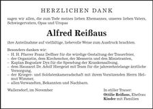 Traueranzeige Alfred Reißaus