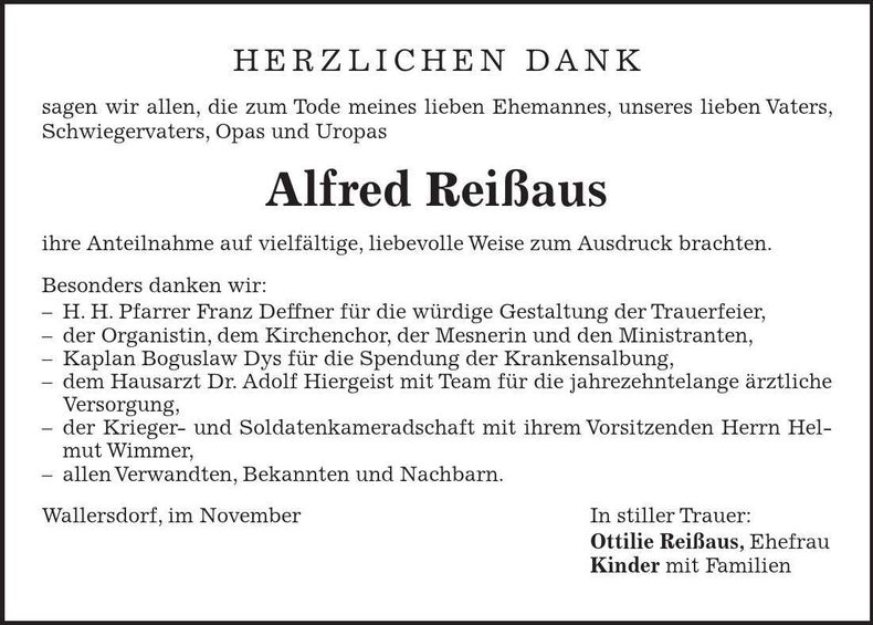 Traueranzeige Alfred Reißaus