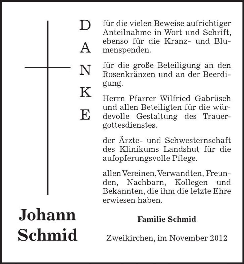 Traueranzeige Johann Schmid