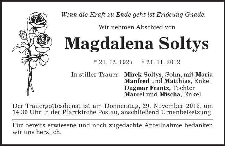 Traueranzeige Magdalena Soltys