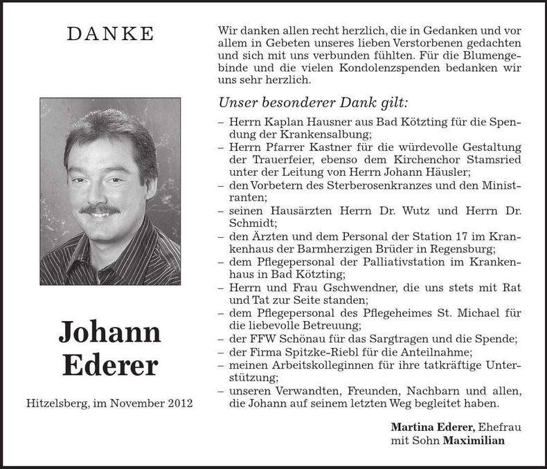 Traueranzeige Johann Ederer