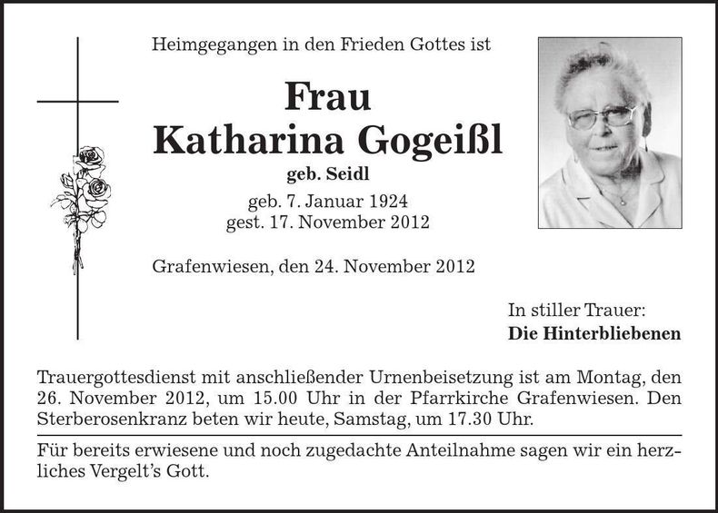 Traueranzeige Katharina Gogeißl
