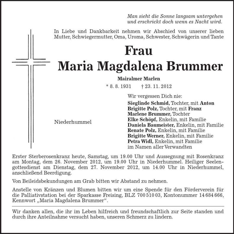 Traueranzeige Maria Magdalena Brummer