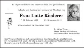 Traueranzeige Lotte Riederer
