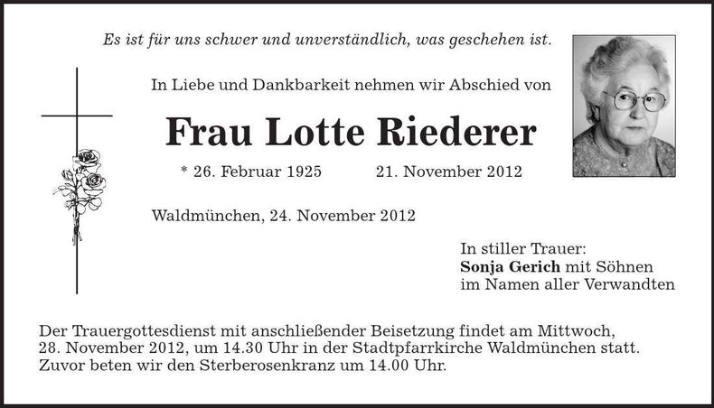 Traueranzeige Lotte Riederer