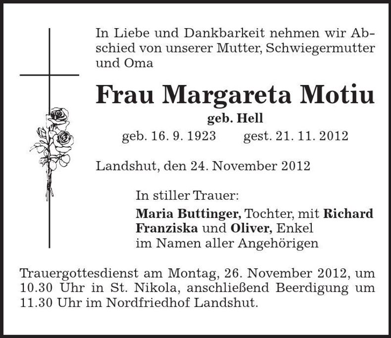 Traueranzeige Margareta Motiu