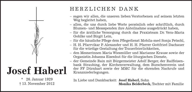 Traueranzeige Josef Haberl