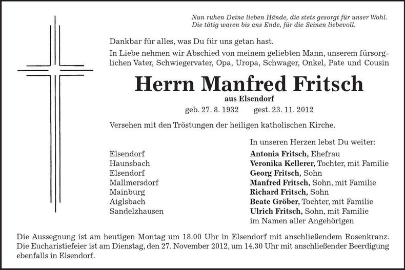 Traueranzeige Manfred Fritsch