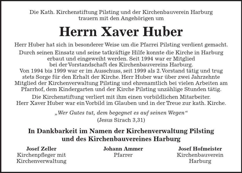 Traueranzeige Xaver Huber