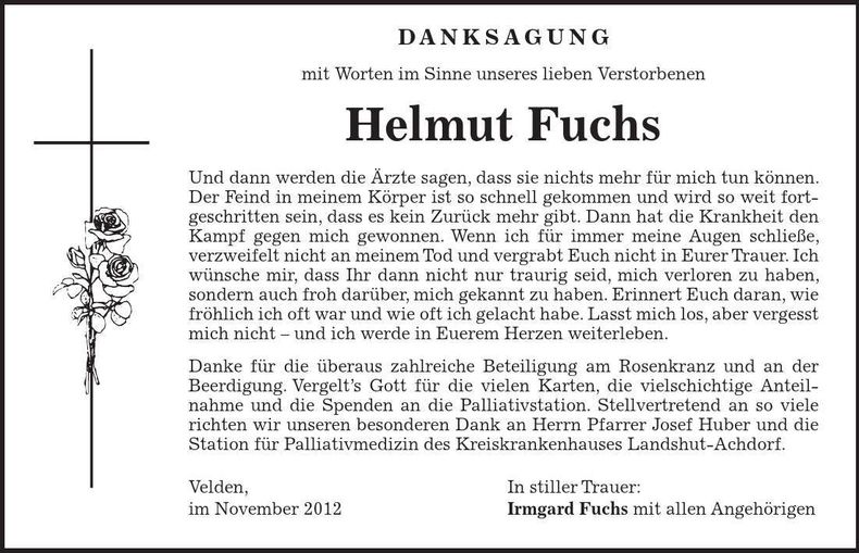 Traueranzeige Helmut Fuchs