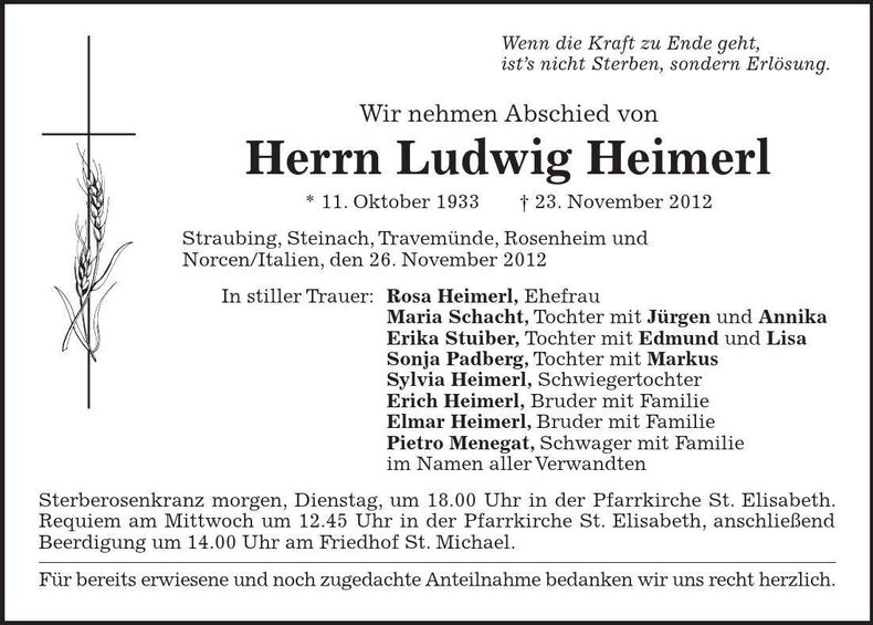 Traueranzeige Ludwig Heimerl