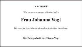 Traueranzeige Johanna Vogt