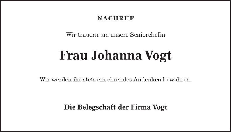 Traueranzeige Johanna Vogt