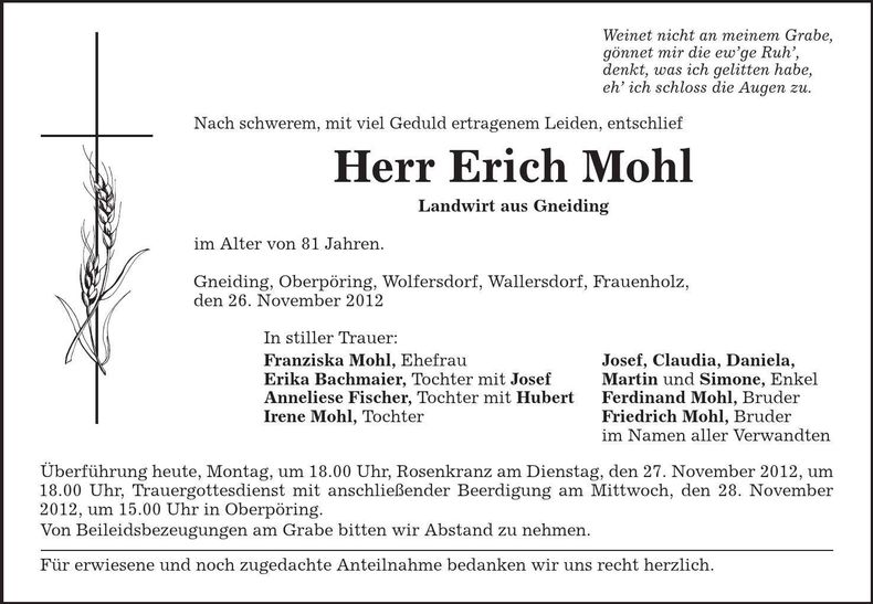 Traueranzeige Erich Mohl