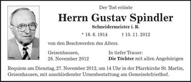 Traueranzeige Gustav Spindler