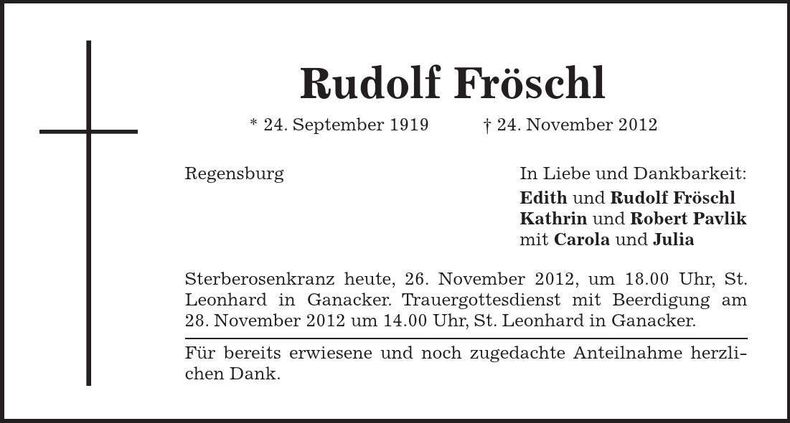 Traueranzeige Rudolf Fröschl