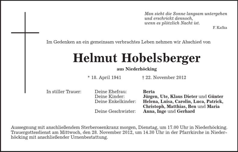 Traueranzeige Helmut Hobelsberger