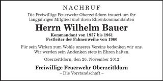 Traueranzeige Wilhelm Bauer