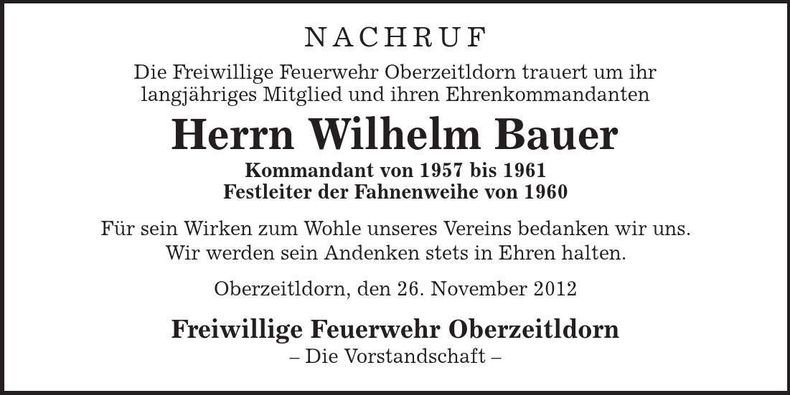 Traueranzeige Wilhelm Bauer
