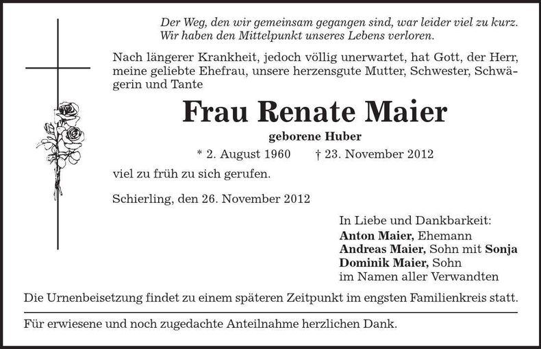 Traueranzeige Renate Maier