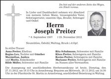 Traueranzeige Joseph Preiter