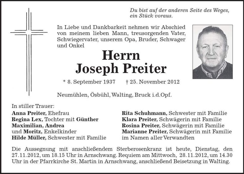 Traueranzeige Joseph Preiter
