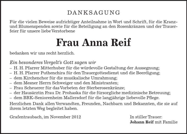 Traueranzeige Anna Reif