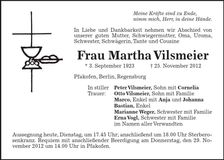 Traueranzeige Martha Vilsmeier