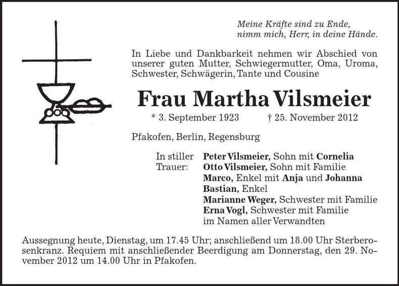 Traueranzeige Martha Vilsmeier