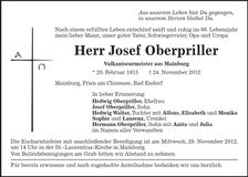 Traueranzeige Josef Oberpriller
