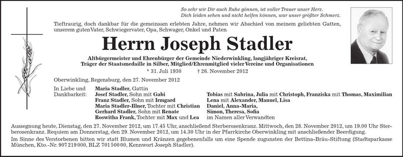 Traueranzeige Joseph Stadler