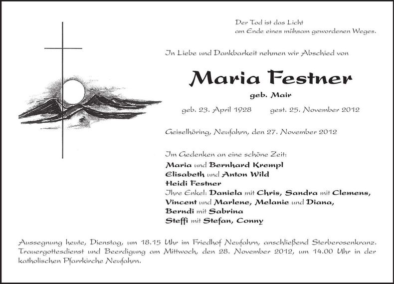 Traueranzeige Maria Festner