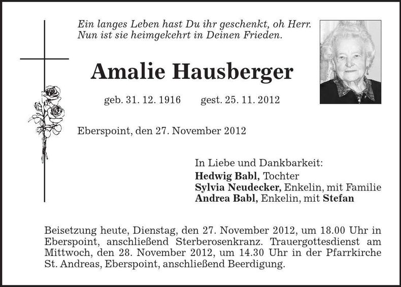 Traueranzeige Amalie Hausberger