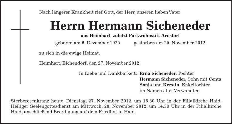 Traueranzeige Hermann Sicheneder