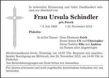 Traueranzeige Ursula Schindler