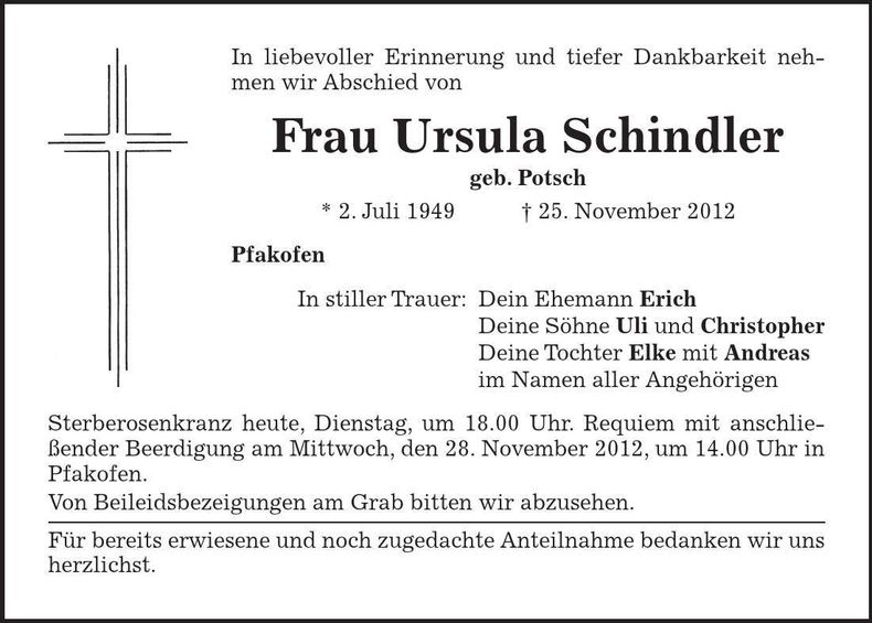 Traueranzeige Ursula Schindler