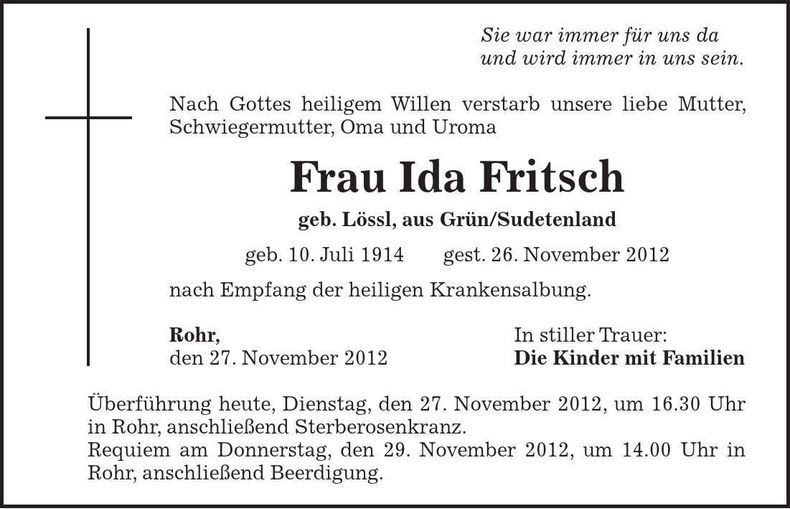 Traueranzeige Ida Fritsch