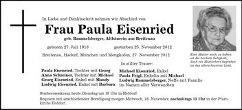 Traueranzeige Paula Eisenried